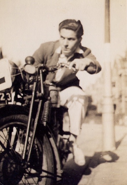1940 Bristol. Cyril on 500cc motorcycle. It ran on paraffin, petrol was rationed. Ken McKinnon was later killed on this motorcycle.